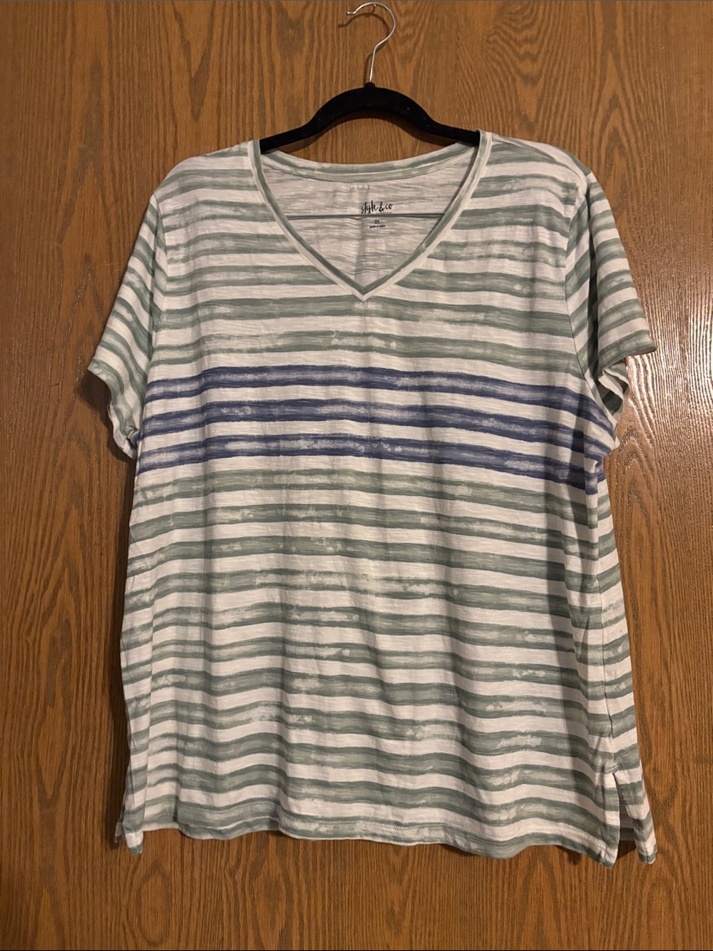 Style & Co. Striped V-Neck Tee in Sage and Navy